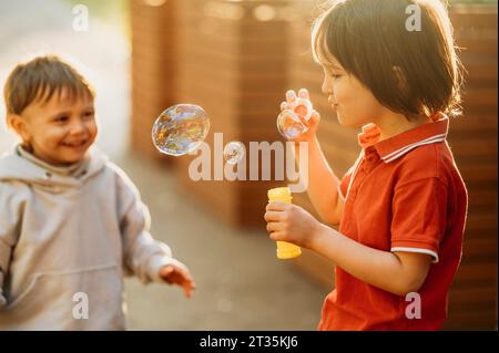 Playful brothers blowing soap bubbles Stock Photo