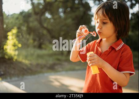 Boy blowing soap bubble at park Stock Photo