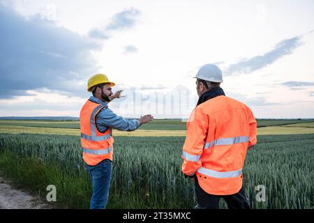 Engineers discussing by crop in field Stock Photo