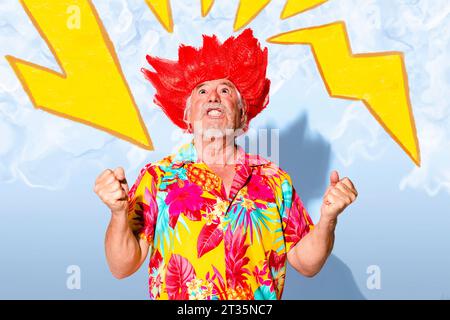 Angry senior man standing in front of wall Stock Photo