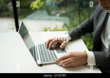 Hands of businessman typing on laptop at office Stock Photo