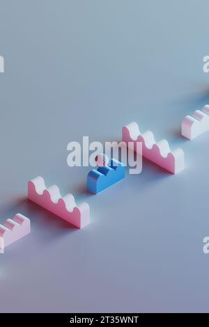 3D render of sphere floating over row of wavy toy blocks Stock Photo