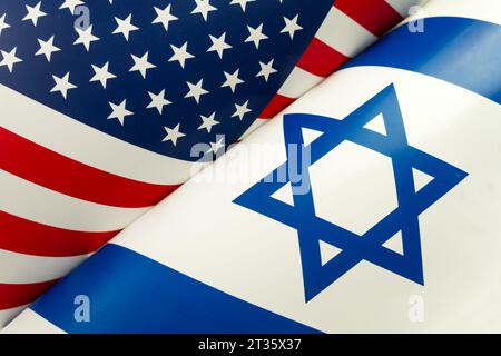 USA Israel. Photo American flag and Flag of Israel conveys the partnership between two states through the main symbols of these countries Stock Photo