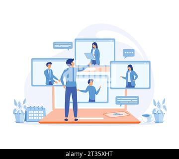 Video conferencing, work remotely, online meeting. Man and browser window  with video calling. 3d render Stock Photo - Alamy