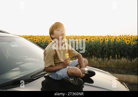 Boy blowing bubbles sitting on car hood in front of sunflower field Stock Photo
