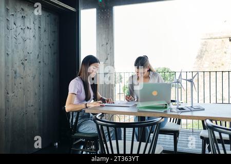 Two young female engineers working at desk on sustainable energy project Stock Photo