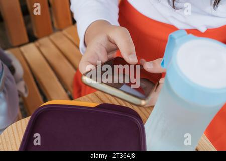 Schoolgirl using smart phone sitting on bench Stock Photo