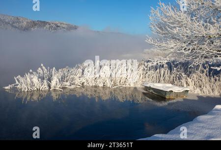Austria, Upper Austria, Zell am Moos, Thick fog over frosted shore of Irrsee lake Stock Photo