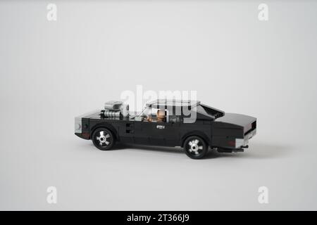 Fast  Furious 1970 Dodge Charger RT.Lego classic black car built on white background. Stock Photo