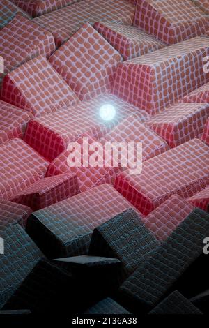 3D render of sphere glowing over heap of pink cloth tiles Stock Photo
