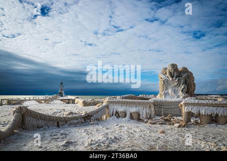 thick Ice formations over the monument and the guard rails in the pier. Winter  landscape on the lake with lighthouse and stormy sky, Stock Photo