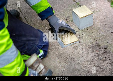 Wiesbaden, Germany - October 17, 2023: A bricklayer lays Stolpersteine on a pavement in the city center of Wiesbaden, Germany. A Stolperstein (literally 'stumbling stone') is a concrete cube provided with a brass plate inscribed with the name and life dates of victims of Nazi extermination. Stock Photo