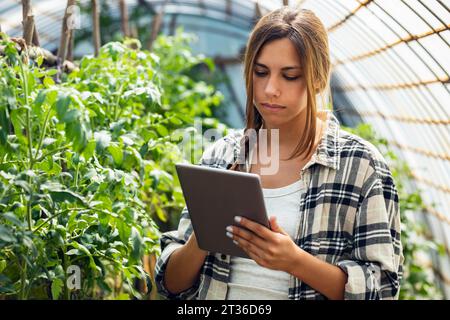 Young farmer using tablet PC by plant in greenhouse Stock Photo