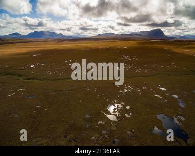 A'MHOINE PENINSULA, SUTHERLAND, SCOTLAND, UK - 12 September 2023 - Aerial view of blanket peat bog systems on the A'Mhoine Peninsula near Tongue, Suth Stock Photo