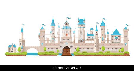 Wall and palace, gate, tower and turret of medieval fortress castle. Fairytale or fantasy king castle vector background. Fairytale royal fortress or ancient kingdom palace with moat and drawbridge Stock Vector