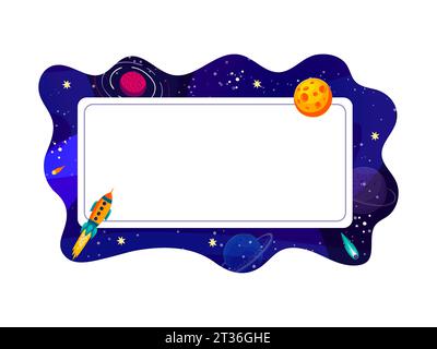 Cartoon frame with galaxy space landscape, rockets and planets, vector background. Copy space frame border with spaceship in starry sky with alien planet, moon and galactic asteroids in outer space Stock Vector