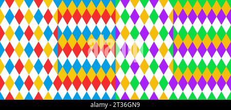 Circus harlequin patterns, rhombus lozenge pattern. Vector seamless backgrounds of carnival clown and joker diamonds ornament. Geometric shapes of blue, green, red, white and yellow rhombus backdrop Stock Vector