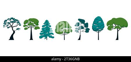 Set of different pine and hardwood trees horizontal arrangement. Vector illustration of park and nature isolated objects on white Stock Vector