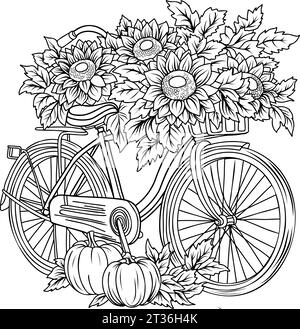 Bicycle with sunflowers. Autumn theme coloring book. Autumn linear illustration Stock Vector