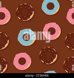 Donuts seamless pattern with chocolate background. Sweets and bakery concept illustration. Stock Vector