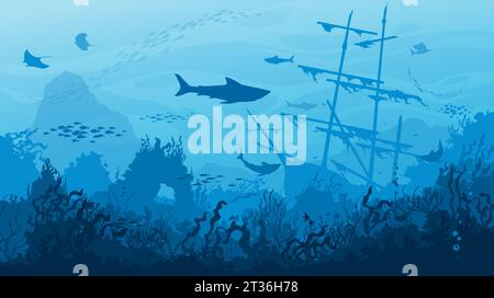 Sunken sail ship, sharks and fish shoals on underwater landscape silhouette. Sea water waves and ocean coral reef bottom vector background with marine animals, seaweeds and old sailing boat Stock Vector