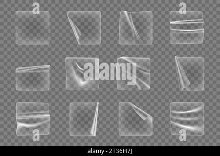 Transparent adhesive square plastic stickers and patches with crumpled texture, realistic vector. Adhesive patches and sticky film labels, transparent plastic foil stickers wrinkled or peeled up Stock Vector