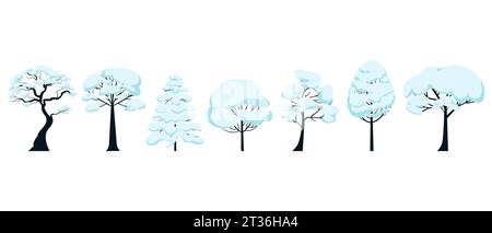 Silhouettes of snowy winter trees of various species. Vector illustration of horizontally placed isolated objects Stock Vector
