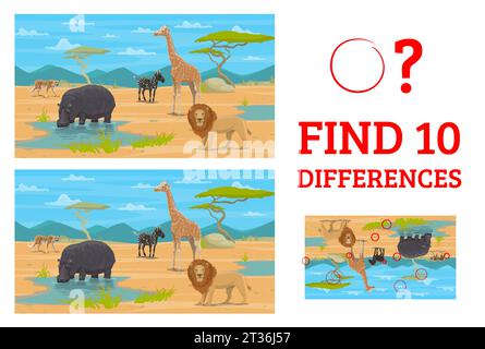 differences game with cartoon Safari animal characters Stock Vector ...