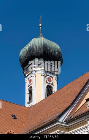 view of st. Nikolaus church bell tower, shot in bright summer light at Immenstadt,  Allgaeu, Bavaria, Germany Stock Photo