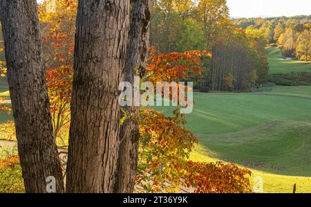 Scenic autumn sunset view of the golf course beyond the back deck of the Brasstown Valley Resort & Spa in beautiful Young Harris, Georgia. (USA) Stock Photo