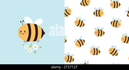 Cute bee card and seamless pattern. Background for kids with bees and daisies. Vector illustration. Stock Vector