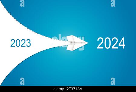 The paper plane flies from 2023 to 2024. Stock Vector