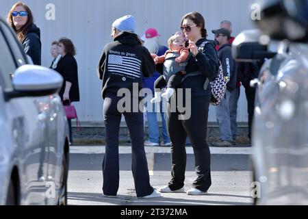 Derry, USA. 23rd Oct, 2023. Suppporters wait in line to enter a Donald Trump campaign event in Derry, New Hampshire. on Monday, October 23, 2023. (Photo by Josh Reynolds/Sipa USA) Credit: Sipa USA/Alamy Live News Stock Photo