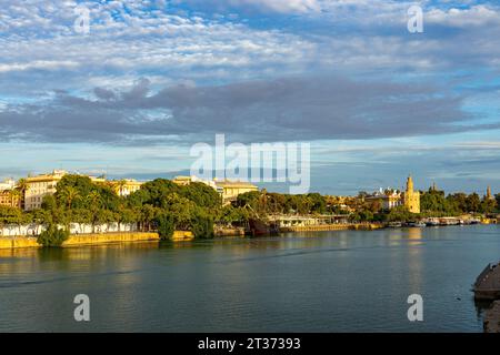 view from Triana over the Guadalquivir river to the center of Seville Stock Photo