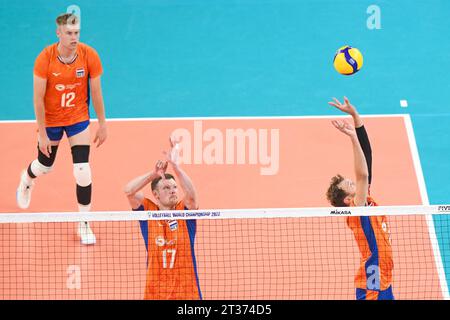 Wessel Keemink, Michael Parkinson, Bennie Junior Tuinstra (Netherlands). Volleyball World Championship 2022. Stock Photo