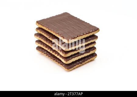 Stack of rectangle shape chocolate covered biscuits isolated on white background Stock Photo