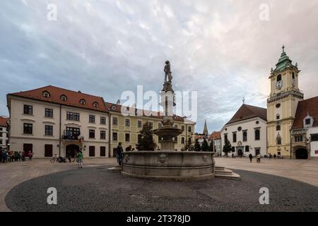 Roland's Fountain and Old Town Hall, Bratislava, Slovakia Stock Photo