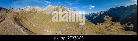 Panorama with Welschtobel and Furcletta, in the background Aroser Rothorn and Gamschtaellihorn, drone shot, Arosa, Grisons, Switzerland Stock Photo