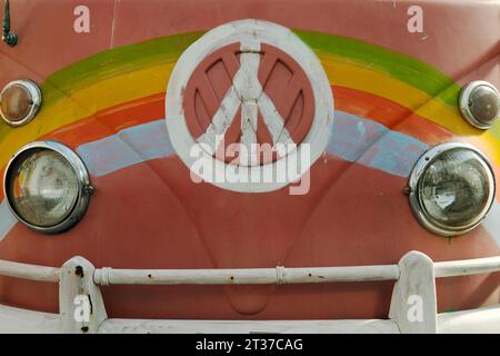 Hippie movement with painted VW bus T1, rainbow and peace symbol, House of History, Bonn, North Rhine-Westphalia, Germany Stock Photo