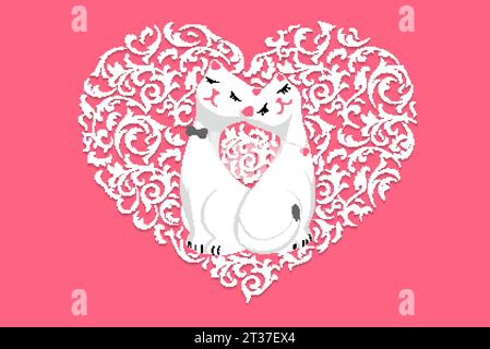 Two cats in love hug doodle icon. Cute pets vector art on white