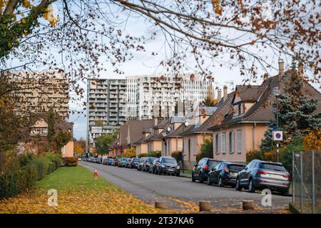 Strasbourg, France - Nov 22, 2023: The new Wacken business high-rise stands tall against the backdrop of golden-yellow trees, as an alley of cars lines the Rue des Jacinthes street, embodying the fall season in Strasbourg Stock Photo