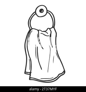 hanging towel in bathroom cartoon vector and illustration, black and white, hand drawn, sketch style, isolated on white background. Stock Vector