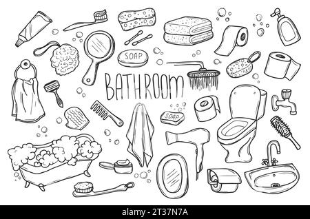 Hand drawn set of Bathroom doodle. Towel, bathrobe, shower, bathtub, mirror in sketch style. Vector illustration isolated Stock Vector