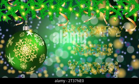Round Christmas ball, toy, Christmas, New Year decoration with a pattern of snowflakes in spruce branches with garlands and golden ribbons on a blurre Stock Vector