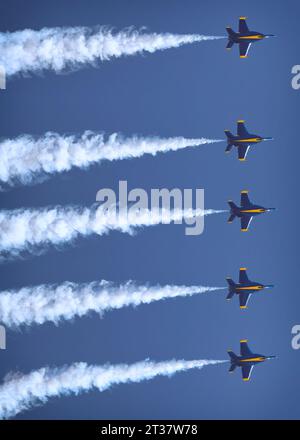 Miramar, California, USA - September 24, 2023: The US Navy Blue Angels, high at the top of a loop, perform at America's Airshow. Stock Photo
