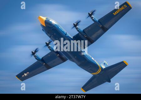 Miramar, California, USA - September 23, 2023: Fat Albert, the US Navy Blue Angels support aircraftpasses overhead at America's Airshow 2023. Stock Photo