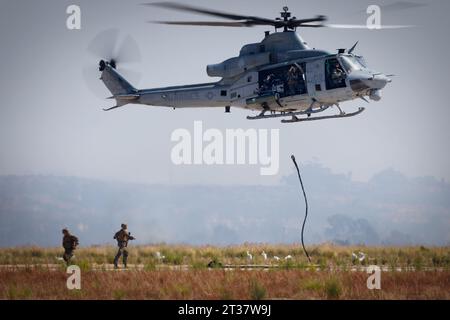 Miramar, California, USA - September 24, 2023: A UH-1Y Venom helicopter drops its rope after delivering US Marines with of the Marine Air Ground Task Stock Photo