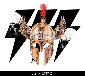 Winged Spartan helmet t-shirt design with skulls and the symbol of thunderbolt isolated on white. Stock Vector