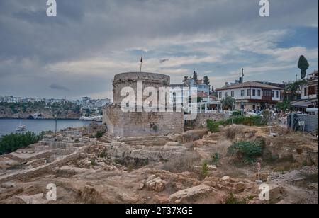 Hidirlik Tower in the old city Marina at the foot of Kaleici old town in Antalya, Turkey. it is a round stone tower built by the Romans in the 2nd cen Stock Photo