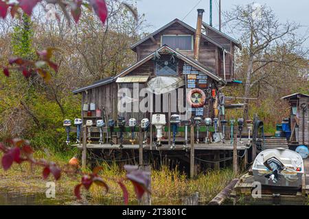 Rustic cabin on stilts at Finn Slough in Richmond British Columbia Canada Stock Photo